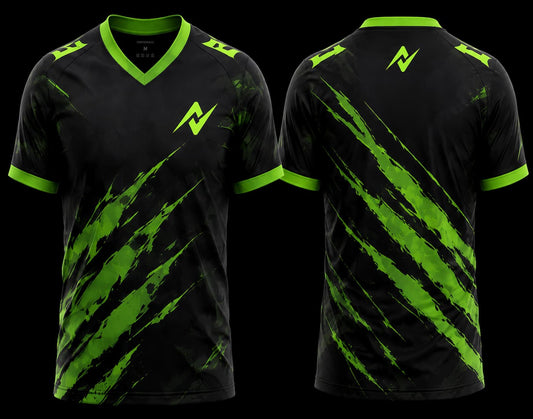 Black and neon green V-neck esports jersey with claw scratch graphics, premium front and back sublimation gaming jersey design.