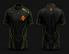 Front and back view of a black and neon green Chinese collar esports jersey featuring futuristic cyber line graphics with an orange chest logo and matching back neck logo.
