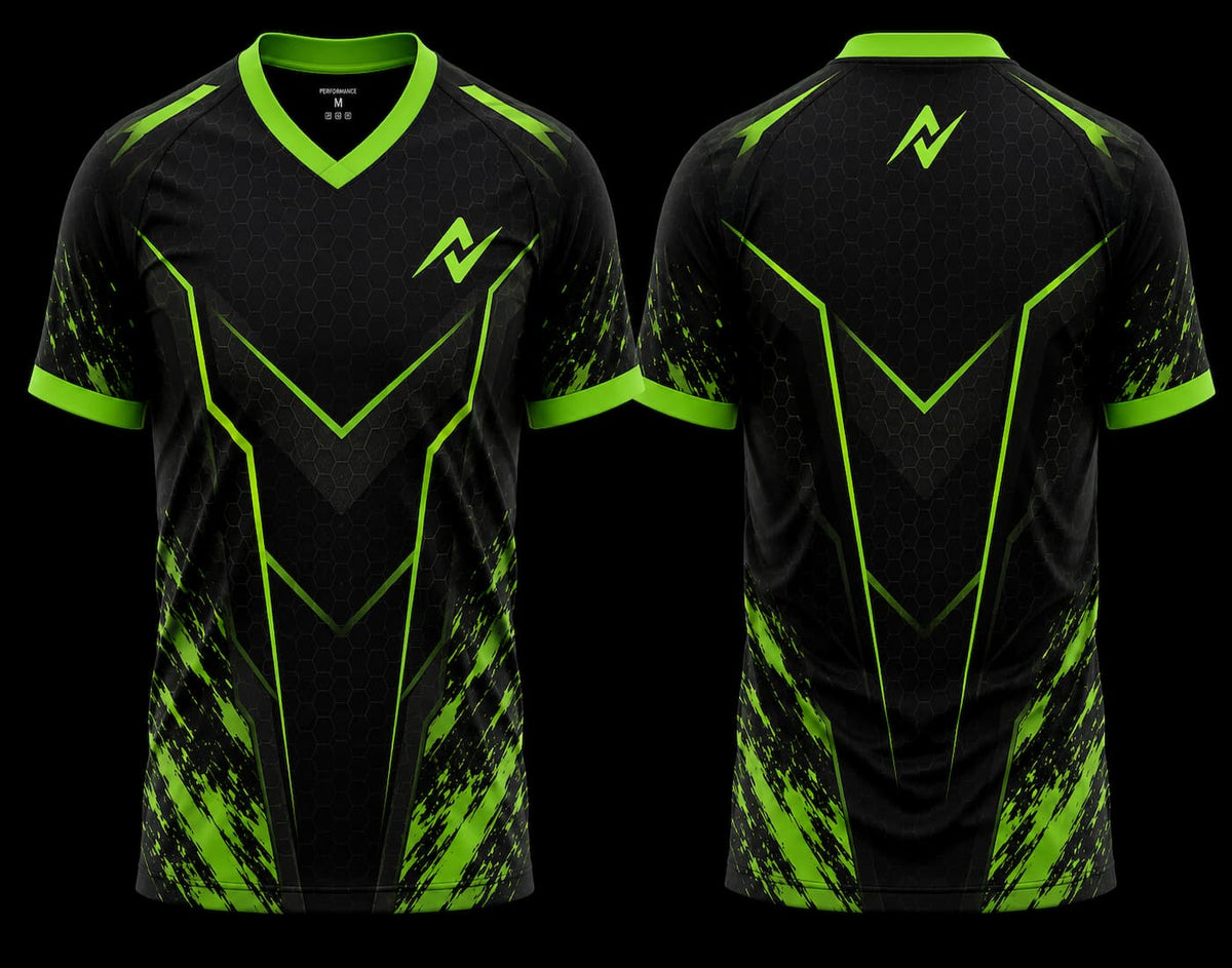 Black and neon green V-neck esports jersey featuring cyber hexagonal graphics with premium front and back sublimation gaming jersey design.