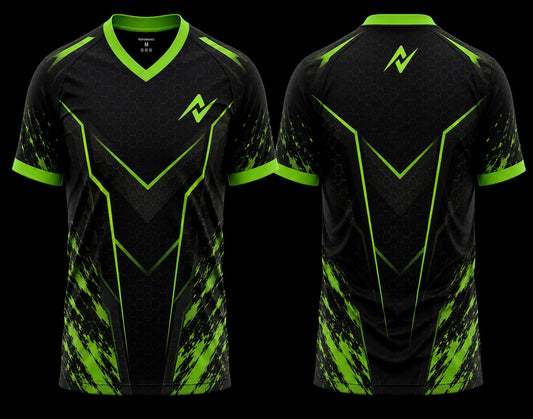 Black and neon green V-neck esports jersey featuring cyber hexagonal graphics with premium front and back sublimation gaming jersey design.