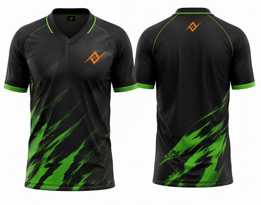 Front and back view of a black and neon green V-neck cricket jersey featuring bold brushstroke graphics with custom logo placement on the chest and below the back neckline.