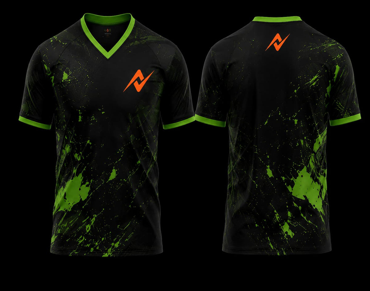 Front and back view of a black and neon green V-neck esports jersey featuring paint splash graphics with an orange logo on the chest and below the back neckline.