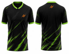 Front and back view of a black and neon green V-neck cricket jersey with dynamic brushstroke graphics and custom logo placement on the chest and below the back neckline.
