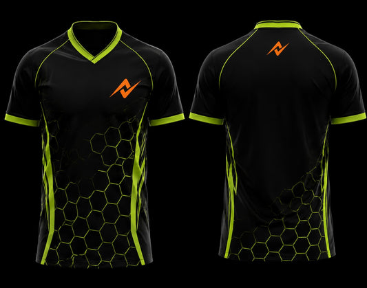 Front and back view of a black and neon lime V-neck cricket jersey featuring a hexagonal pattern with an orange chest logo and upper back logo.