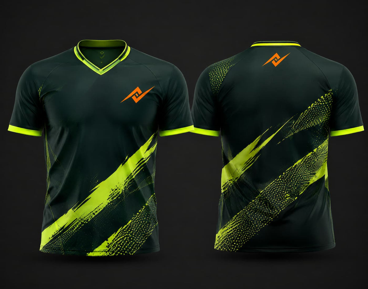 Front and back view of a black custom V-neck cricket jersey with neon lime brush-stroke graphics, custom chest logo, and back neck logo.
