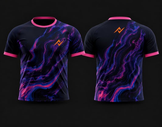 Front and back view of a black round neck cricket jersey featuring a vibrant purple, pink, and blue galaxy swirl design with orange chest and back logos.