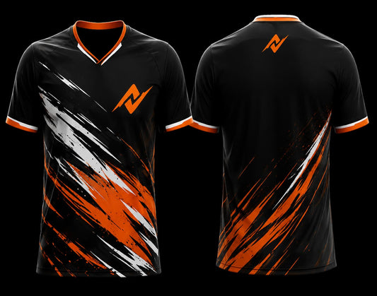 Black and orange custom V-neck cricket jersey featuring dynamic brush stroke graphics with front and back views.