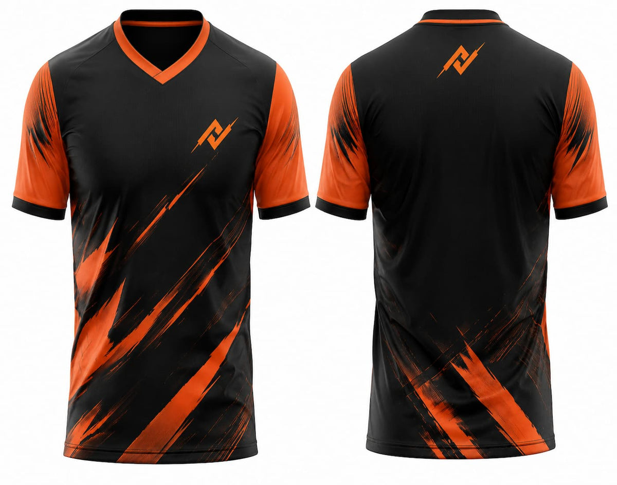Front and back view of a black and orange V-neck cricket jersey with dynamic brushstroke graphics and custom logo placement on the chest and below the back neckline.