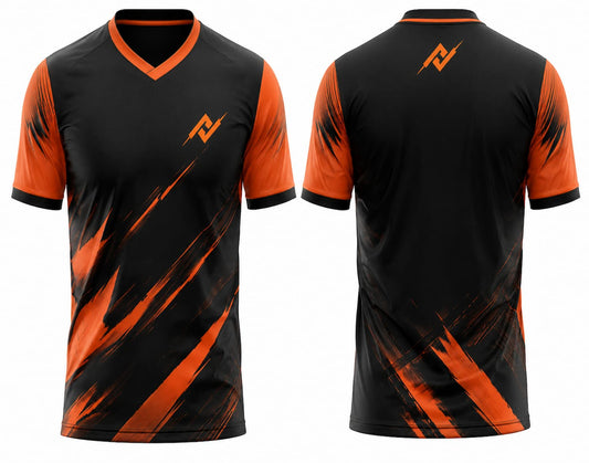 Front and back view of a black and orange V-neck cricket jersey with dynamic brushstroke graphics and custom logo placement on the chest and below the back neckline.