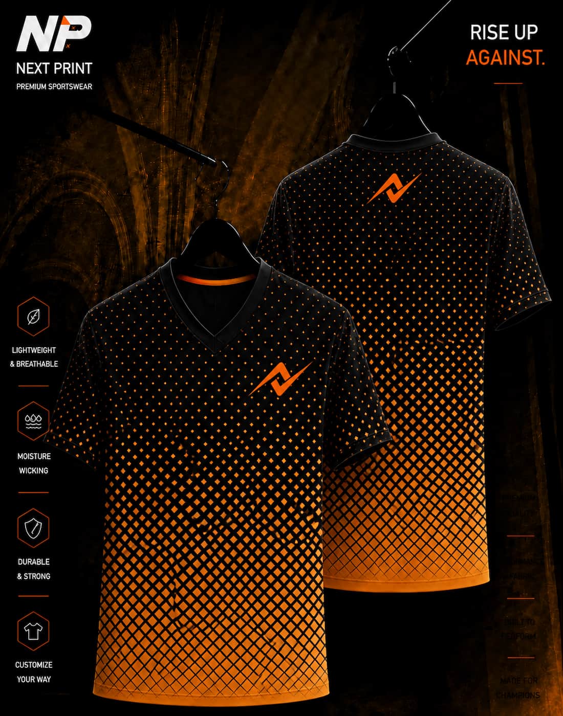 Black and orange geometric gradient sublimation V-neck sports jersey front and back by Next Print
