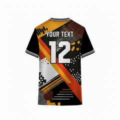 Black and orange geometric sports t-shirt back design with abstract dotted and stripe pattern for custom sublimation team jersey printing by NextPrint India.