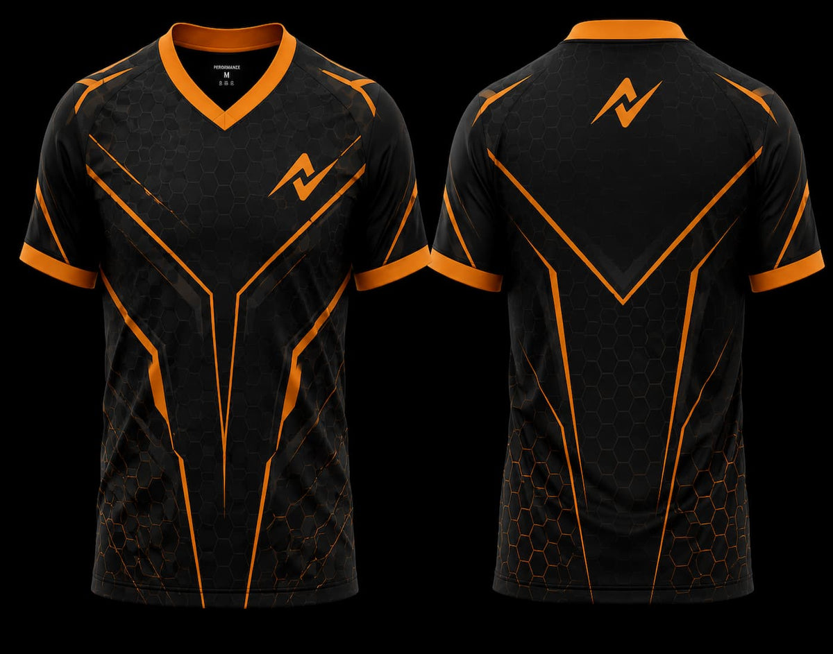 Black and orange V-neck esports jersey with futuristic hexagonal armor pattern and premium front and back sublimation gaming jersey design.