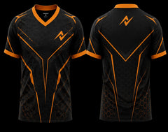 Black and orange V-neck esports jersey with futuristic hexagonal armor pattern and premium front and back sublimation gaming jersey design.