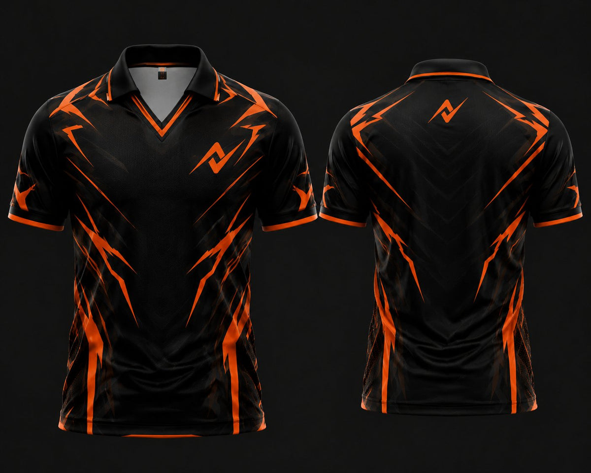 Black and orange lightning esports jersey with V-neck polo collar featuring chest logo and back neck logo placement.