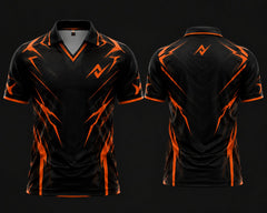 Black and orange lightning esports jersey with V-neck polo collar featuring chest logo and back neck logo placement.