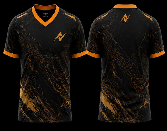 Black and orange V-neck esports jersey featuring a premium marble pattern with front and back sublimation gaming jersey design.