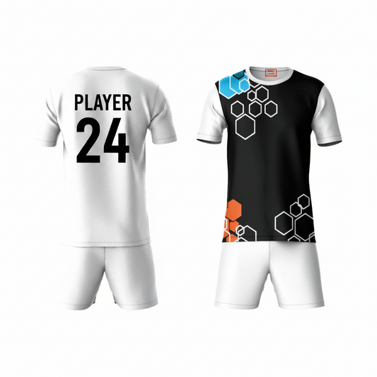 Black orange pattern athletic sports t-shirt with white shorts back side view