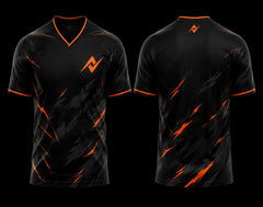 Black and orange V-neck esports gaming jersey with lightning pattern, front and back view featuring orange logo on chest and back neck.