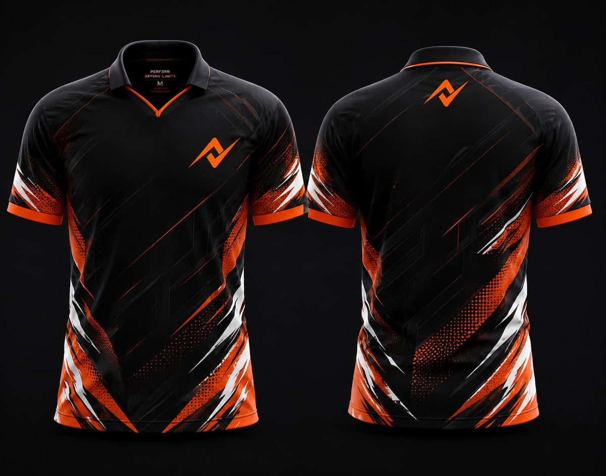 Black and orange V-neck polo collar custom esports jersey front and back mockup with chest logo and neck logo design