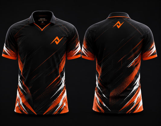 Black and orange V-neck polo collar custom esports jersey front and back mockup with chest logo and neck logo design