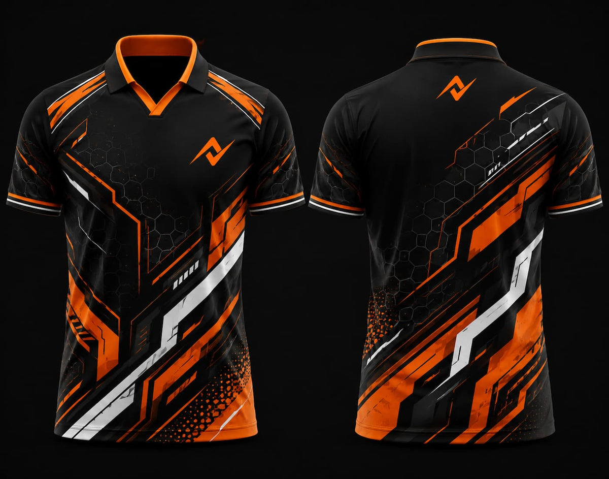 Black and orange custom V-neck polo collar esports jersey featuring futuristic geometric graphics with front and back views