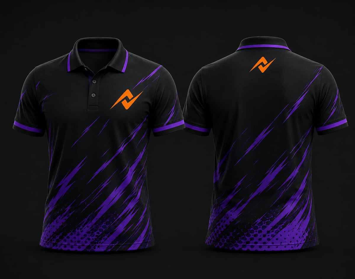 Black and purple polo collar esports jersey with dynamic purple graphics, orange logo on the left chest, and matching logo below the back neck, front and back mockup.