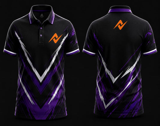 Black and purple polo collar esports jersey featuring bold V-shaped purple and silver graphics with an orange logo on the left chest and matching logo below the back neckline, front and back mockup.