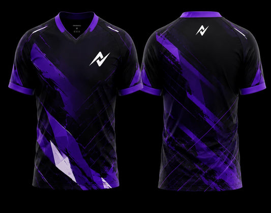 Black and purple V-neck esports jersey with modern geometric graphics and premium front and back sublimation gaming jersey design.