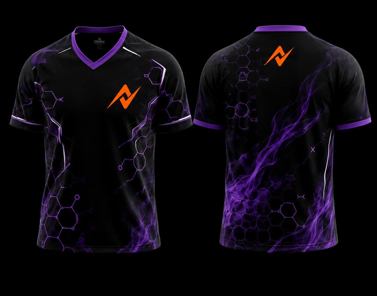 Front and back view of a black and purple V-neck esports jersey featuring futuristic energy graphics, molecular patterns, and an orange logo on the chest and upper back.
