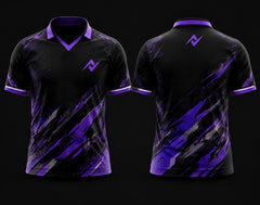 Black and purple V-neck polo collar esports jersey featuring abstract brushstroke graphics with front and back views for custom gaming teams.