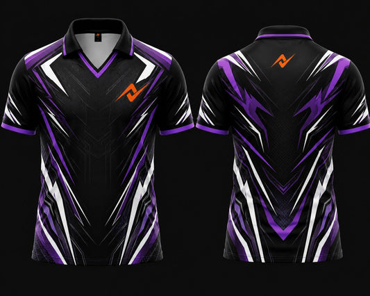 Front and back view of a black and purple esports jersey with V-neck polo collar featuring chest logo and back neck logo placement.