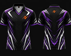 Front and back view of a black and purple esports jersey with V-neck polo collar featuring chest logo and back neck logo placement.