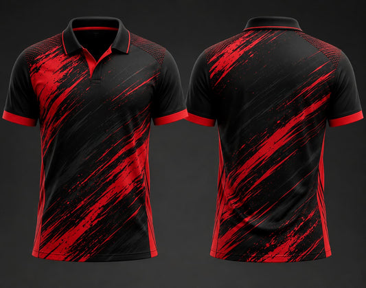 Black and red brushstroke V-neck polo cricket jersey front and back premium sublimation sports shirt