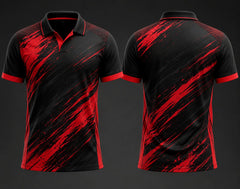 Black and red brushstroke V-neck polo cricket jersey front and back premium sublimation sports shirt