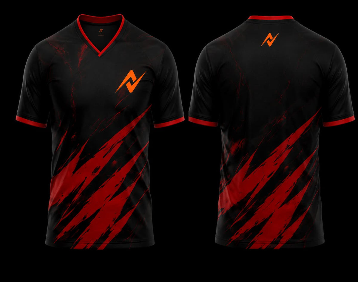 Front and back view of a black and red V-neck esports jersey featuring crimson slash graphics with an orange logo on the chest and below the back neckline.