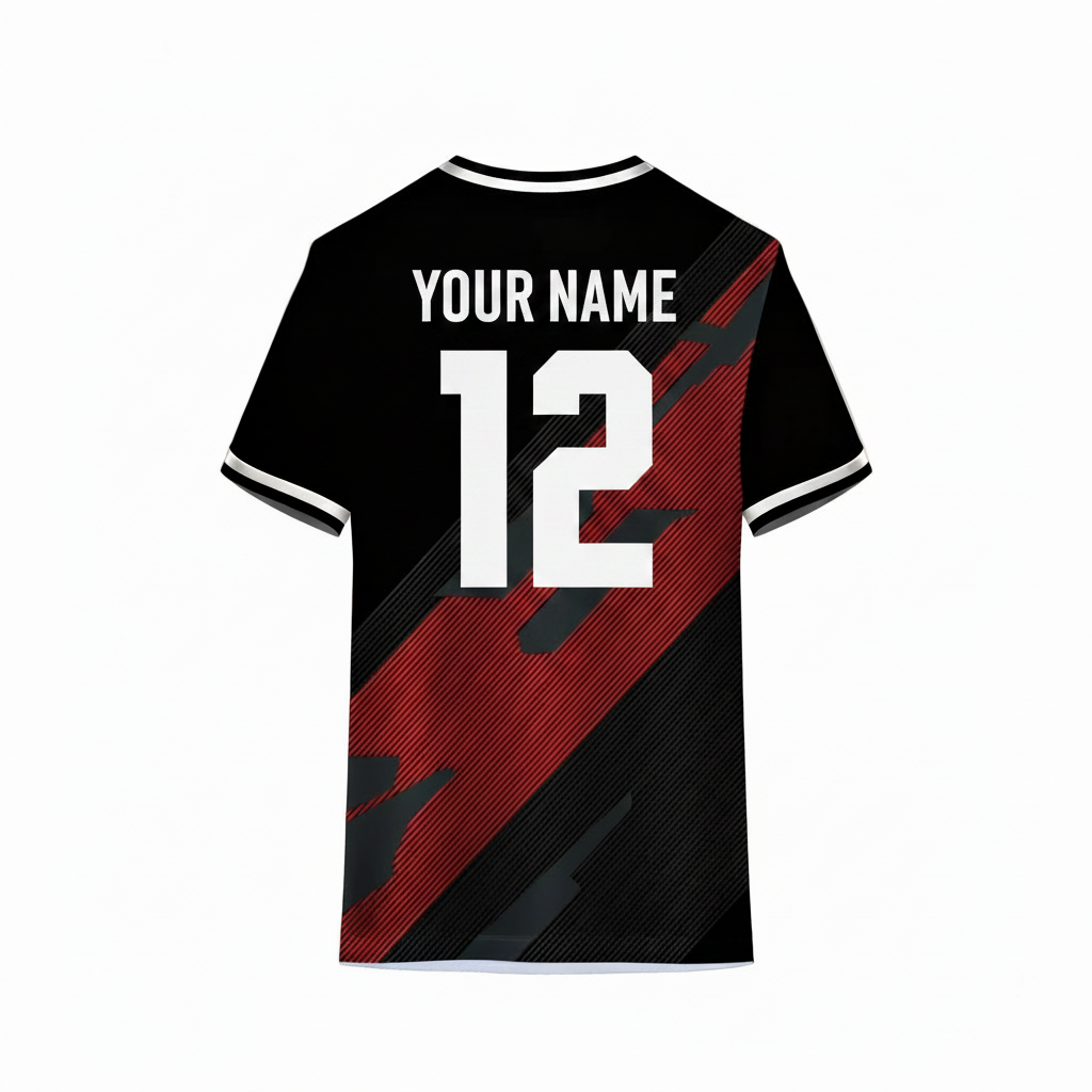 Black and red sports t-shirt back design with diagonal textured stripe pattern for custom sublimation cricket and football team jersey printing by NextPrint Indi