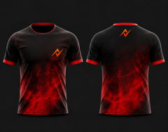 Front and back view of a black and red flame round neck cricket jersey featuring fiery smoke graphics with an orange chest logo, customizable for cricket teams.
