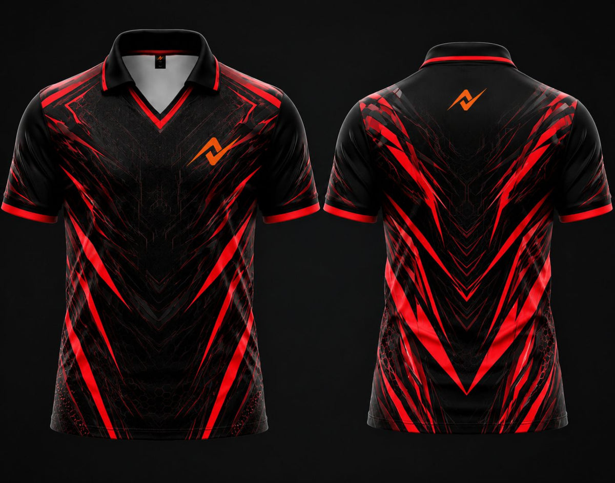 Front and back view of a black and red esports jersey featuring a V-neck polo collar with chest logo placement and back neck branding.