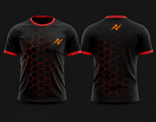 Front and back view of a black and red round neck cricket jersey featuring a modern red hexagon honeycomb pattern with orange chest and back logos.