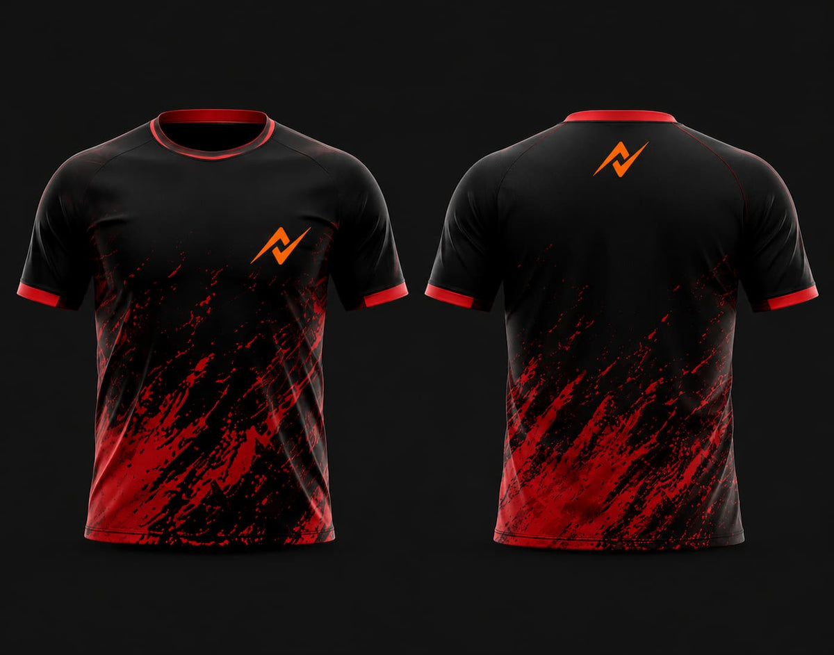Front and back view of a black and red round neck cricket jersey with dynamic red splash graphics and orange logo, customizable cricket team jersey.
