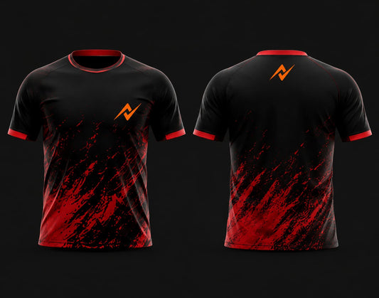Front and back view of a black and red round neck cricket jersey with dynamic red splash graphics and orange logo, customizable cricket team jersey.