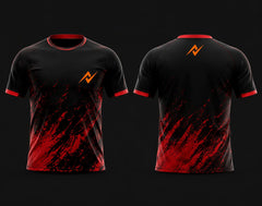 Front and back view of a black and red round neck cricket jersey with dynamic red splash graphics and orange logo, customizable cricket team jersey.