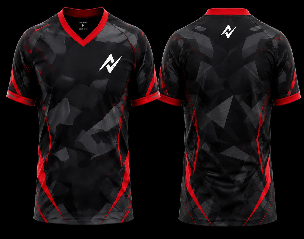 Black and red V-neck esports jersey featuring a stealth geometric camouflage pattern with premium front and back sublimation gaming jersey design.