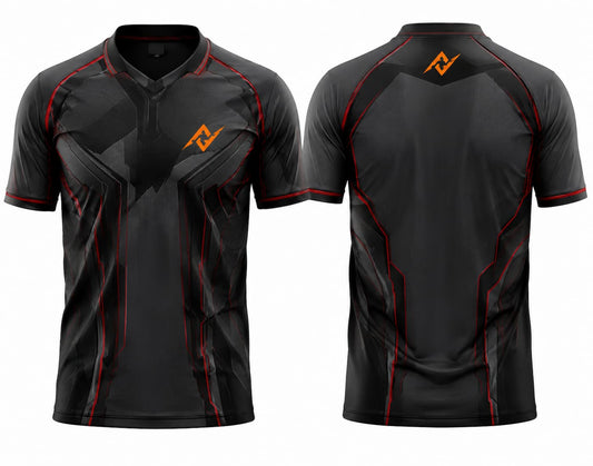 Front and back view of a black and red V-neck cricket jersey featuring futuristic geometric graphics with custom logo placement on the chest and below the back neckline.