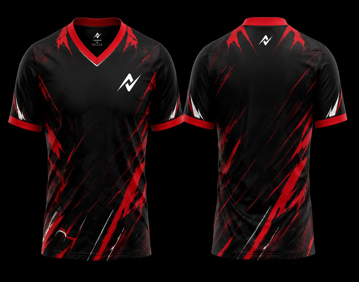 Black and red V-neck esports jersey with dynamic brush stroke graphics, front and back custom gaming jersey design.