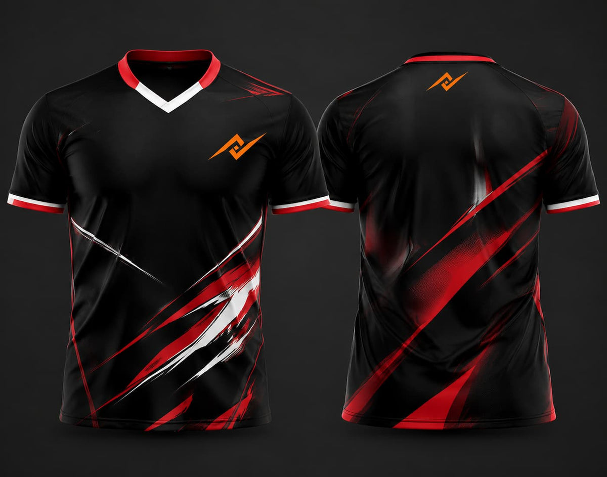 Black and red custom V-neck cricket jersey featuring bold red and white brush-stroke graphics with logo on the chest and below the back neck, shown in front and back view.