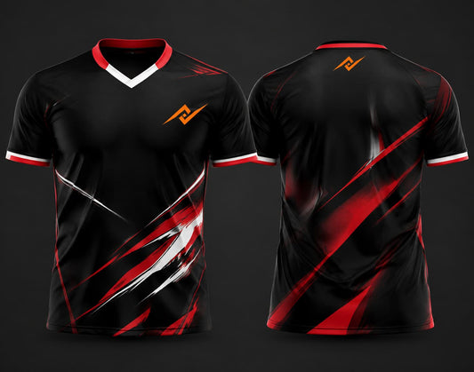 Black and red custom V-neck cricket jersey featuring bold red and white brush-stroke graphics with logo on the chest and below the back neck, shown in front and back view.