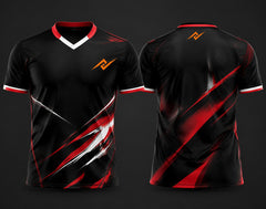 Black and red custom V-neck cricket jersey featuring bold red and white brush-stroke graphics with logo on the chest and below the back neck, shown in front and back view.