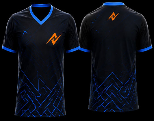 Black and royal blue geometric V-neck cricket jersey with custom team logo shown in front and back view.