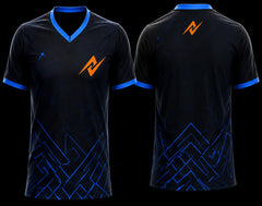 Black and royal blue geometric V-neck cricket jersey with custom team logo shown in front and back view.